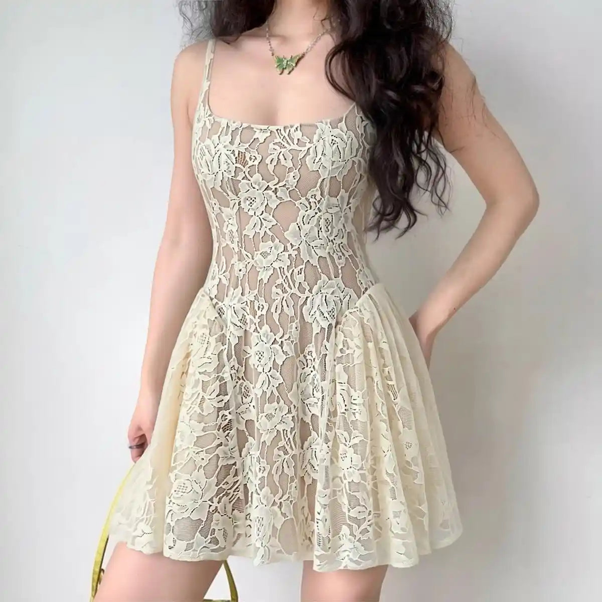 Cream Floral Lace Waist Cinching Skater Mini Dress