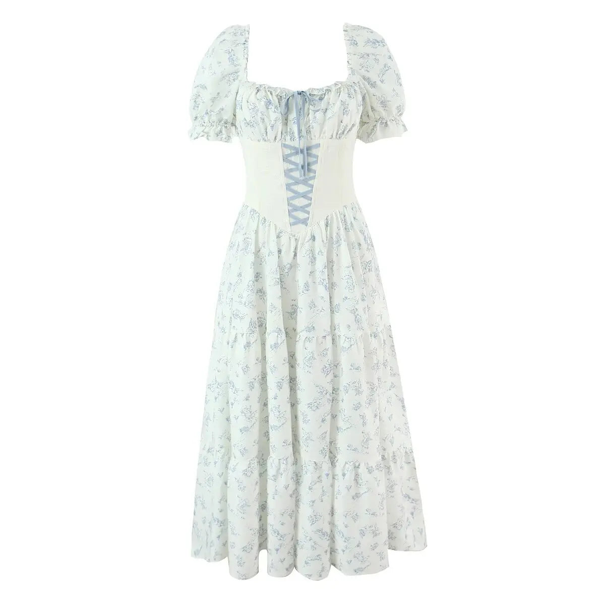 square neck floral corset lace up midi dress White Blue Lace-Up Puff Sleeve Maxi – dingdingly Color:Classic Navy/White Black Contrast Collar Jersey it’s the statement dress party_dress