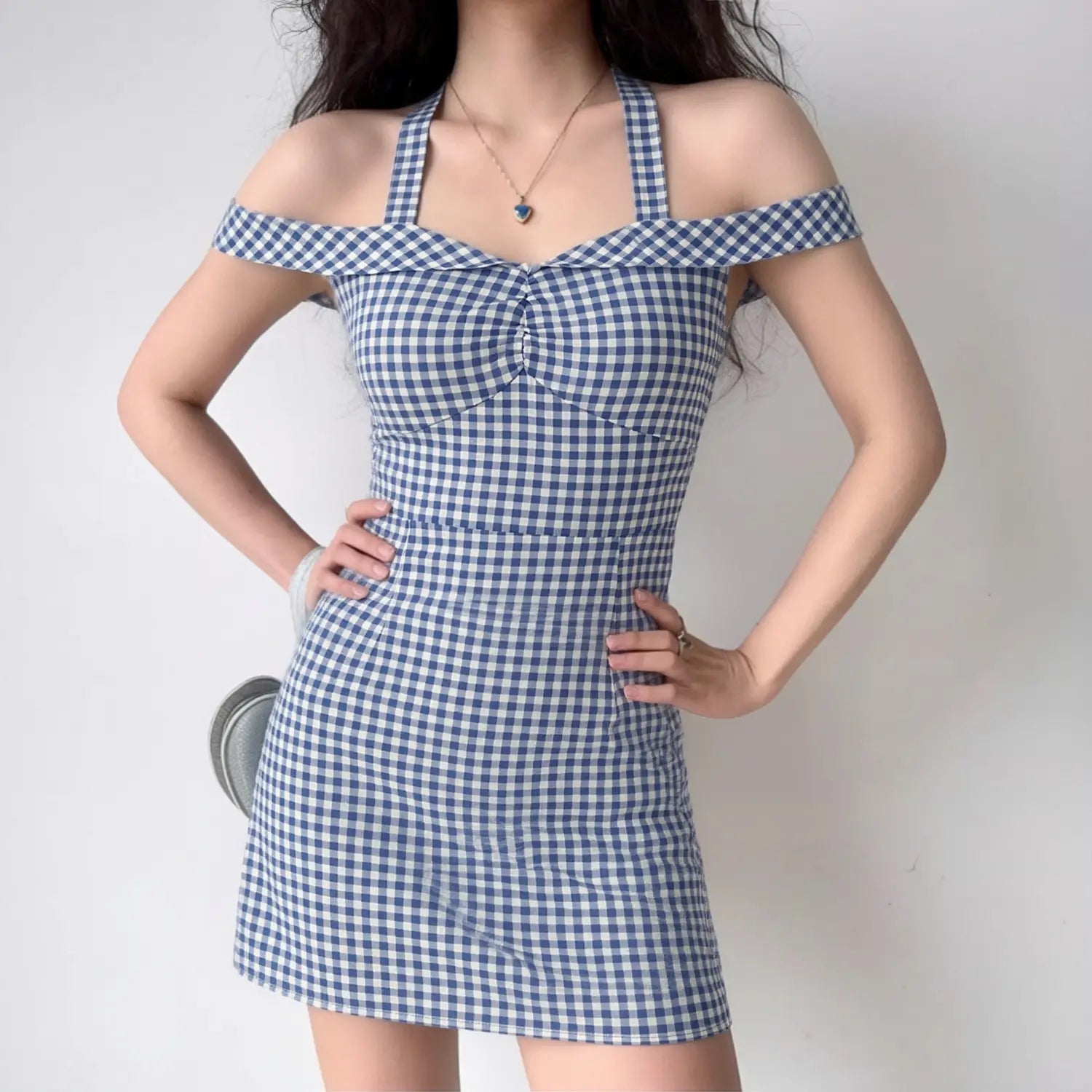 gingham dress bodycon Blue White Halter Off Shoulder Ruched Mini – dingdingly Color:Crimson down front Full-Sizes-All-Seasons A-line Satin Tea-Length Mother