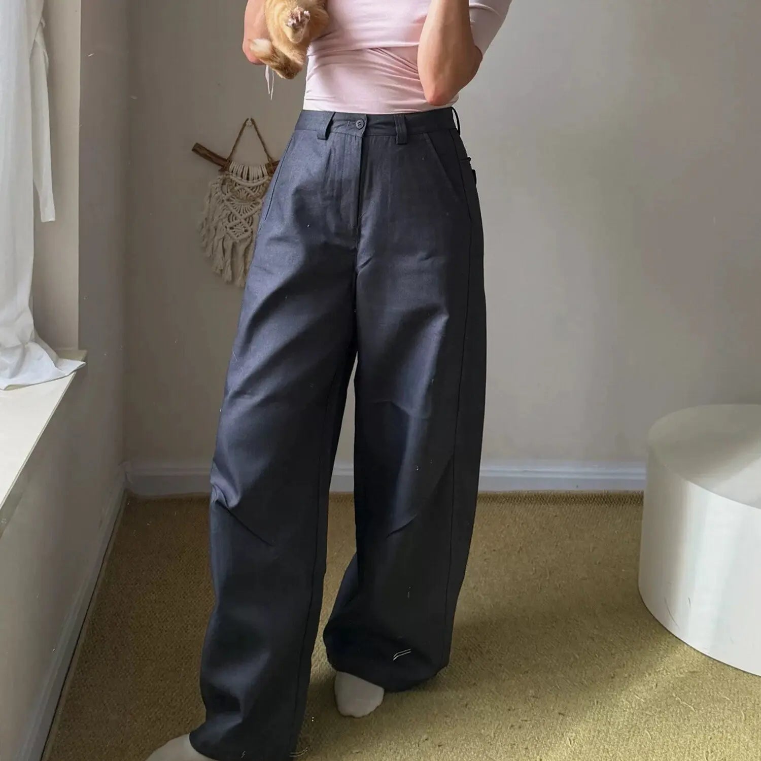 2 Colors High Waist Pleated Wide Leg Suit Pants Front Fold Draped Loos