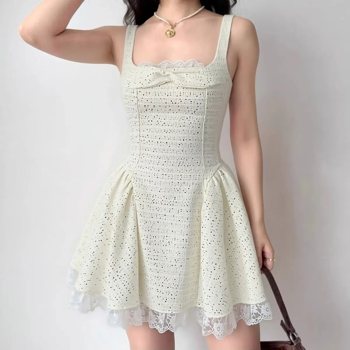Cream Glitter Tweed Square Neck Skater Mini Dress with Lace Hem Bow – dingdingly