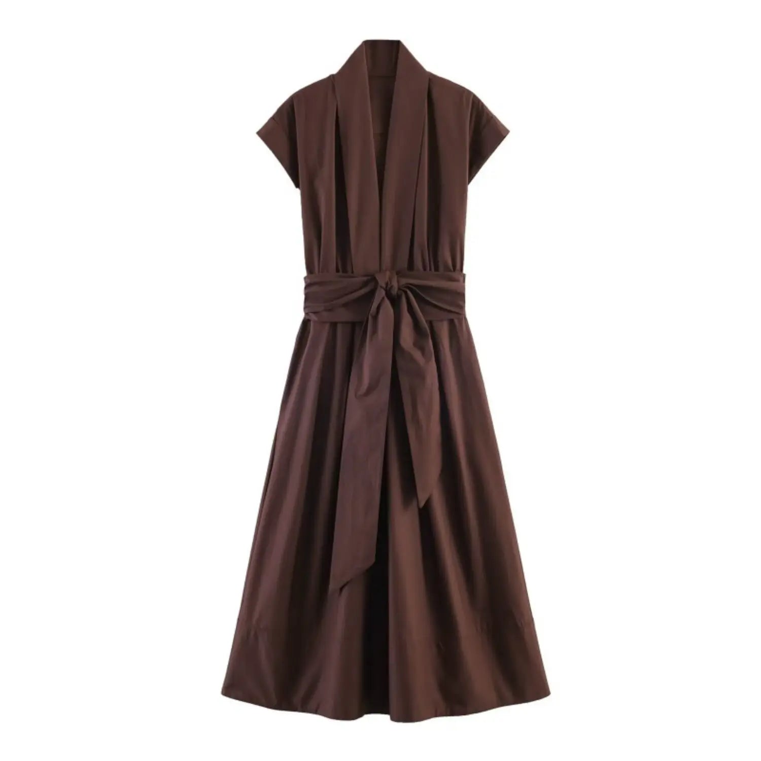 Dark Brown Lapel V Neck Self Tie Waist Cap Sleeve Flowy Midi Shirt Dre