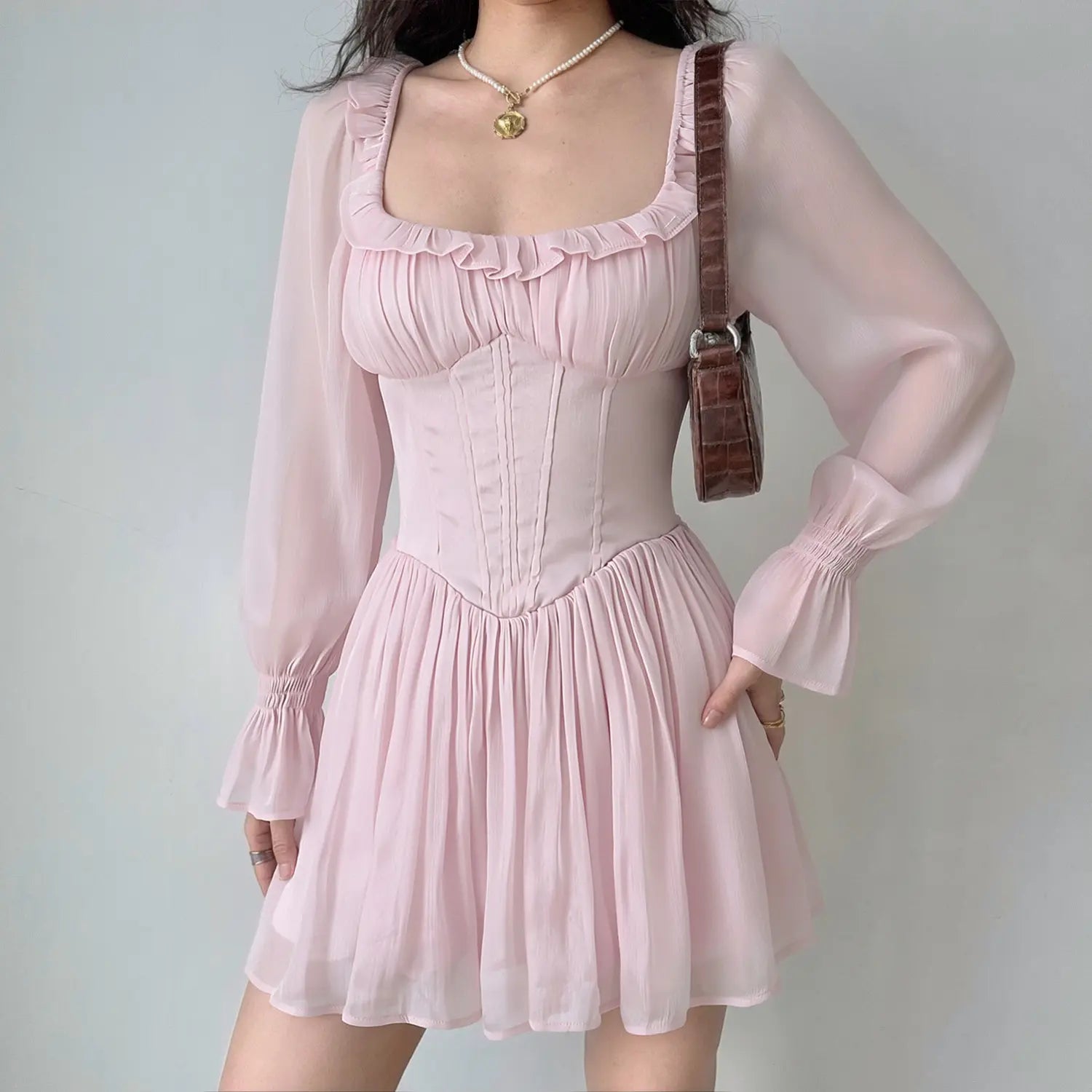 Light Pink Ruffle Square Neck Corset Puff Long Sleeve Flowy Mini Dress – dingdingly