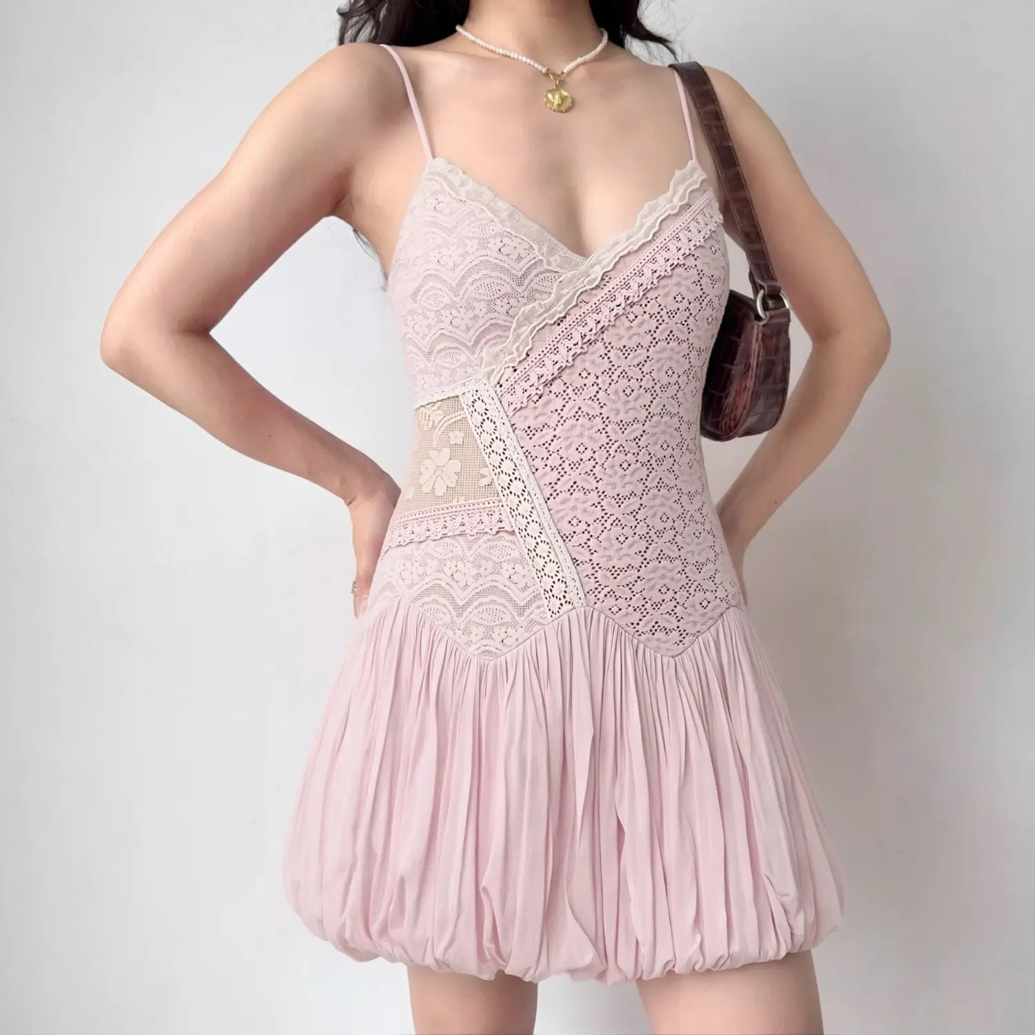 Light Pink Patchwork Lace Cami Mini Dress with Ruched Bubble Hem – dingdingly