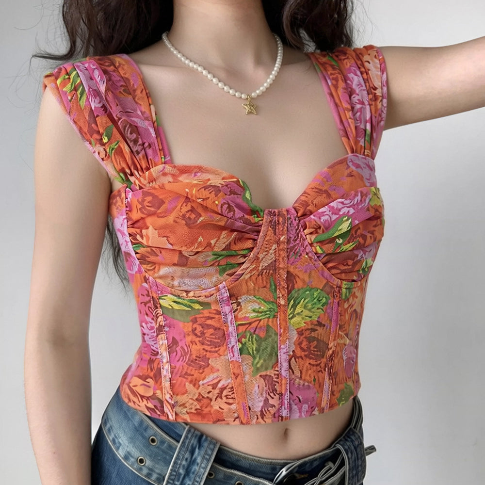 Vintage Floral Mesh Corset Top - Y2K Square Neck Crop Top