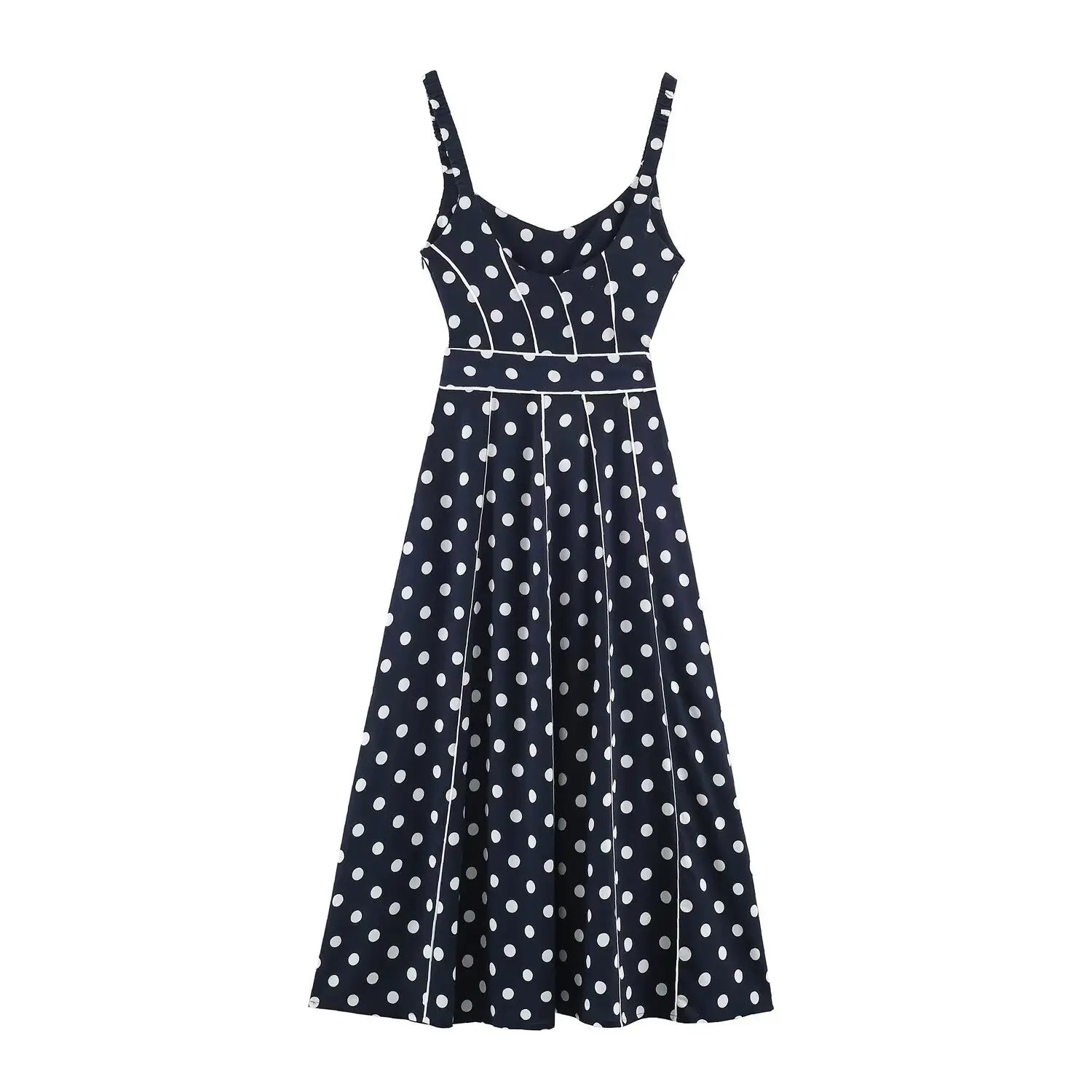 Flat‑lay back view of navy polka dot maxi dress, smocked cami straps, fitted bodice, side invisible zipper, a‑line maxi silhouette