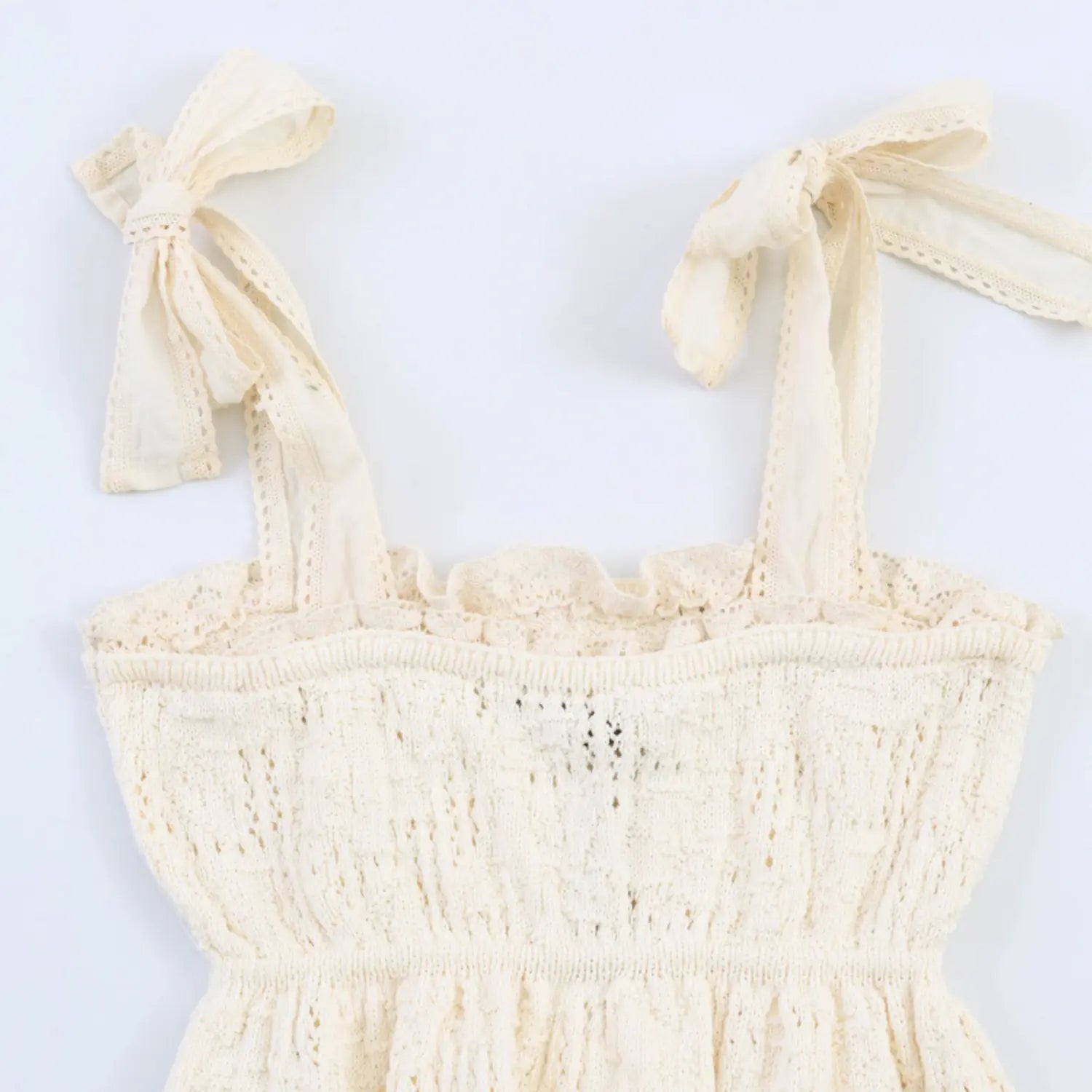 Cream Eyelet Lace Bow Strap Square Neck Peplum Cami Top