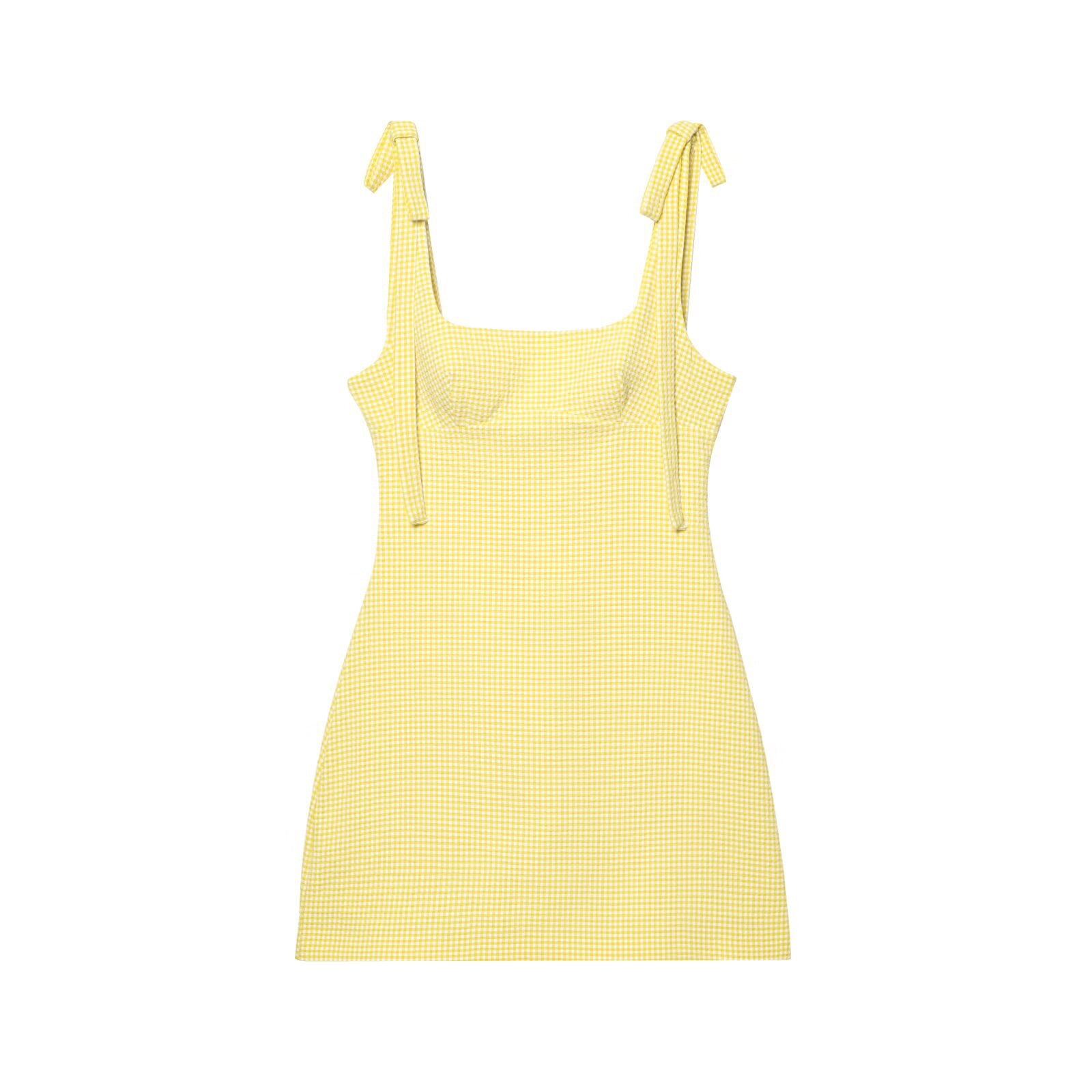 Women's yellow gingham square neck tie strap bodycon mini dress by dingdingding, detailed close-up of the dress's fabric and design
