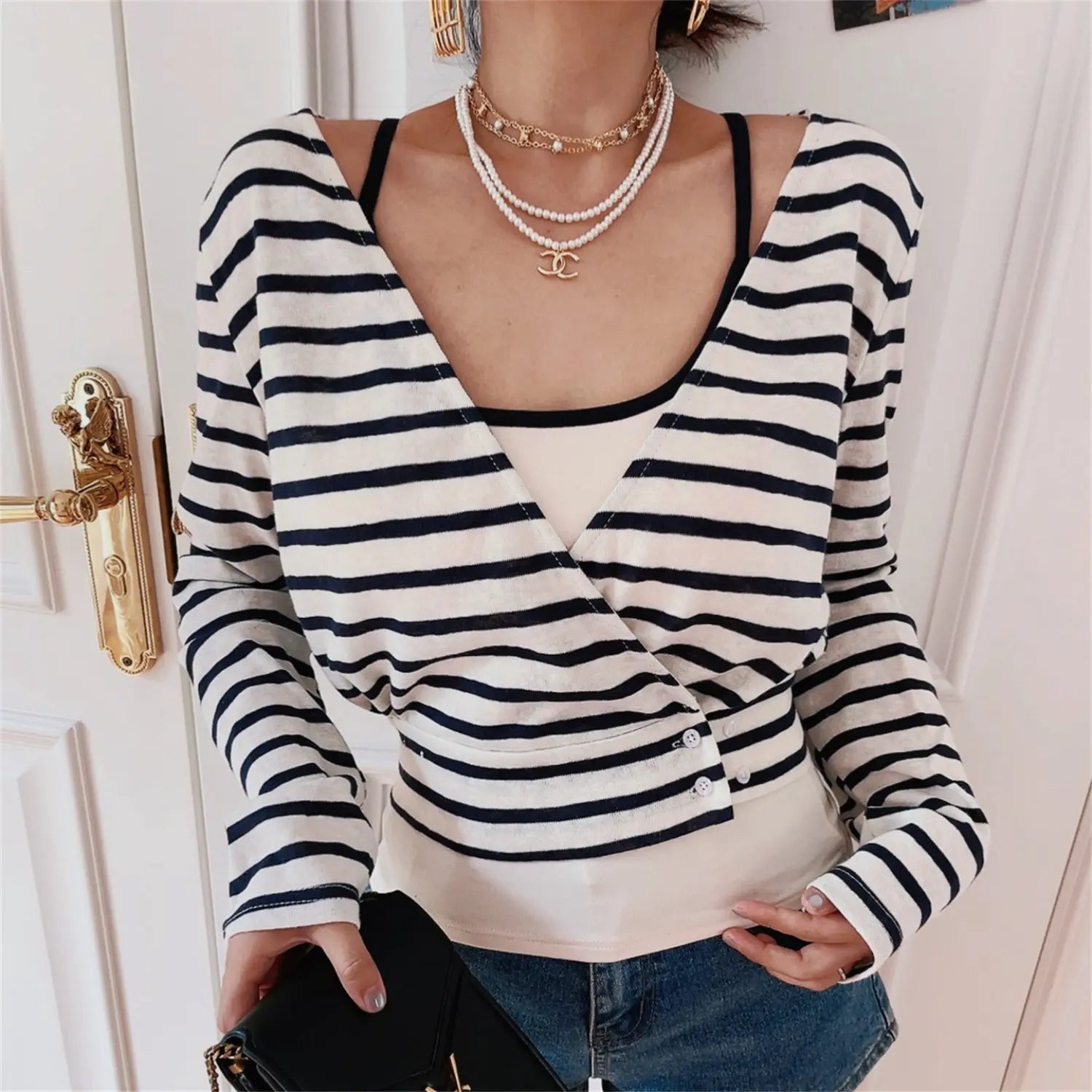 Navy Stripe Wrap V Neck Long Sleeve Two Piece Crop Top Set