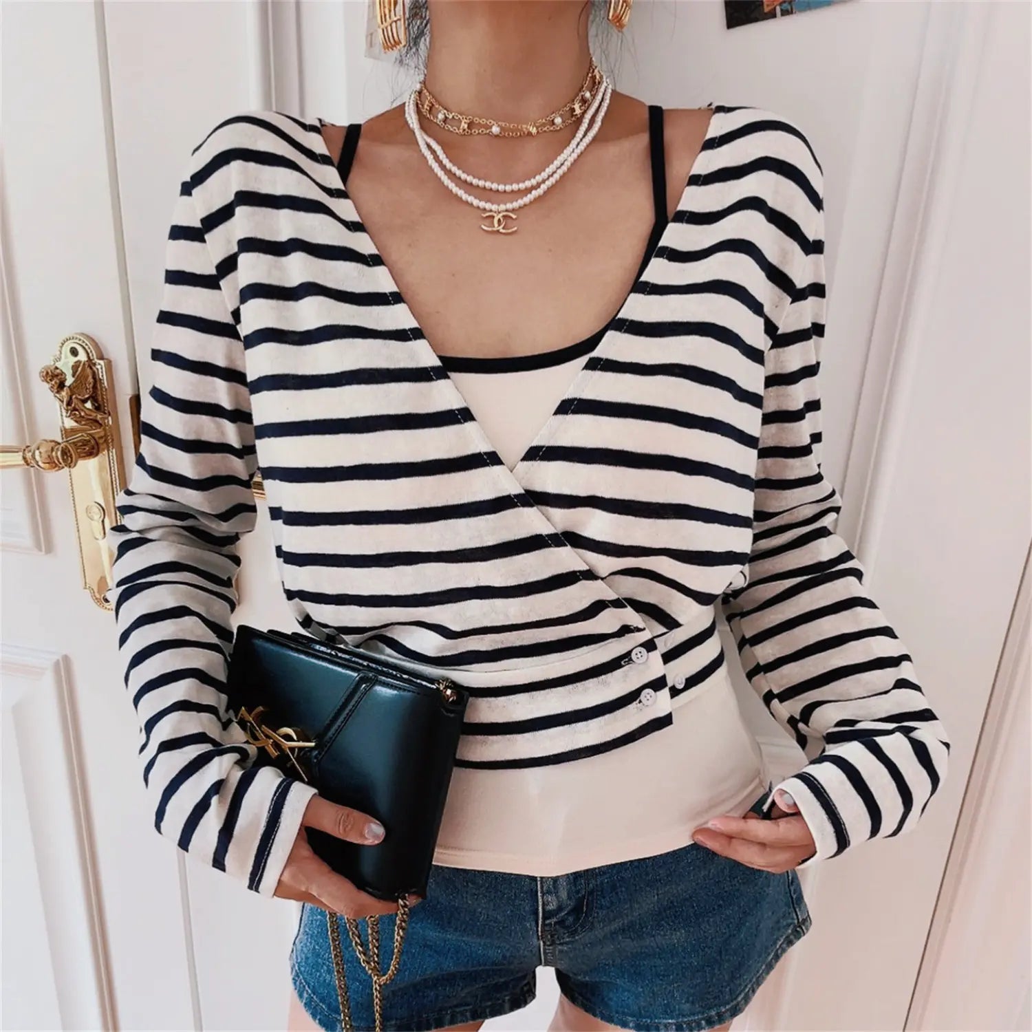 Navy Stripe Wrap V Neck Long Sleeve Two Piece Crop Top Set