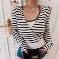Navy Stripe Wrap V Neck Long Sleeve Two Piece Crop Top Set