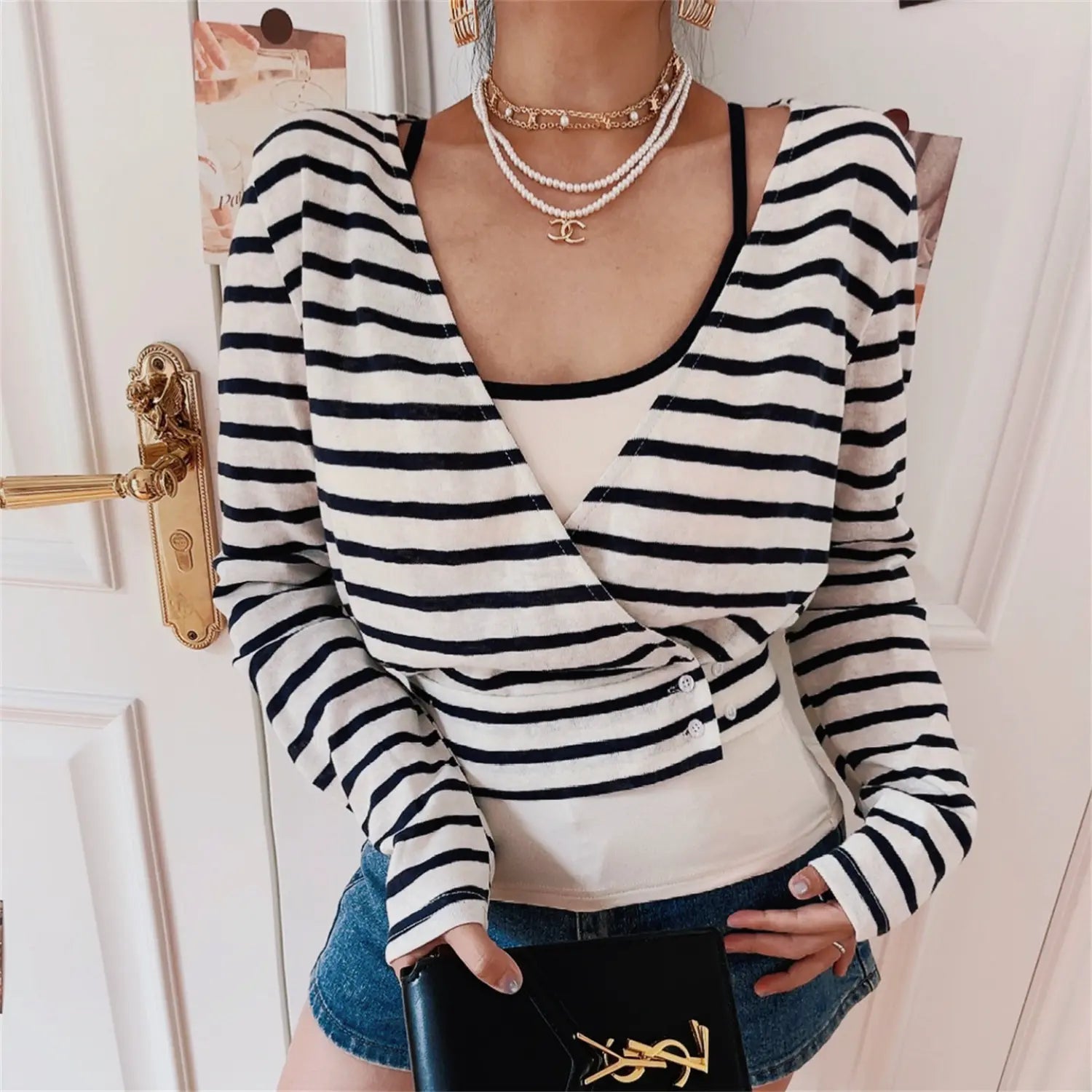 Navy Stripe Wrap V Neck Long Sleeve Two Piece Crop Top Set
