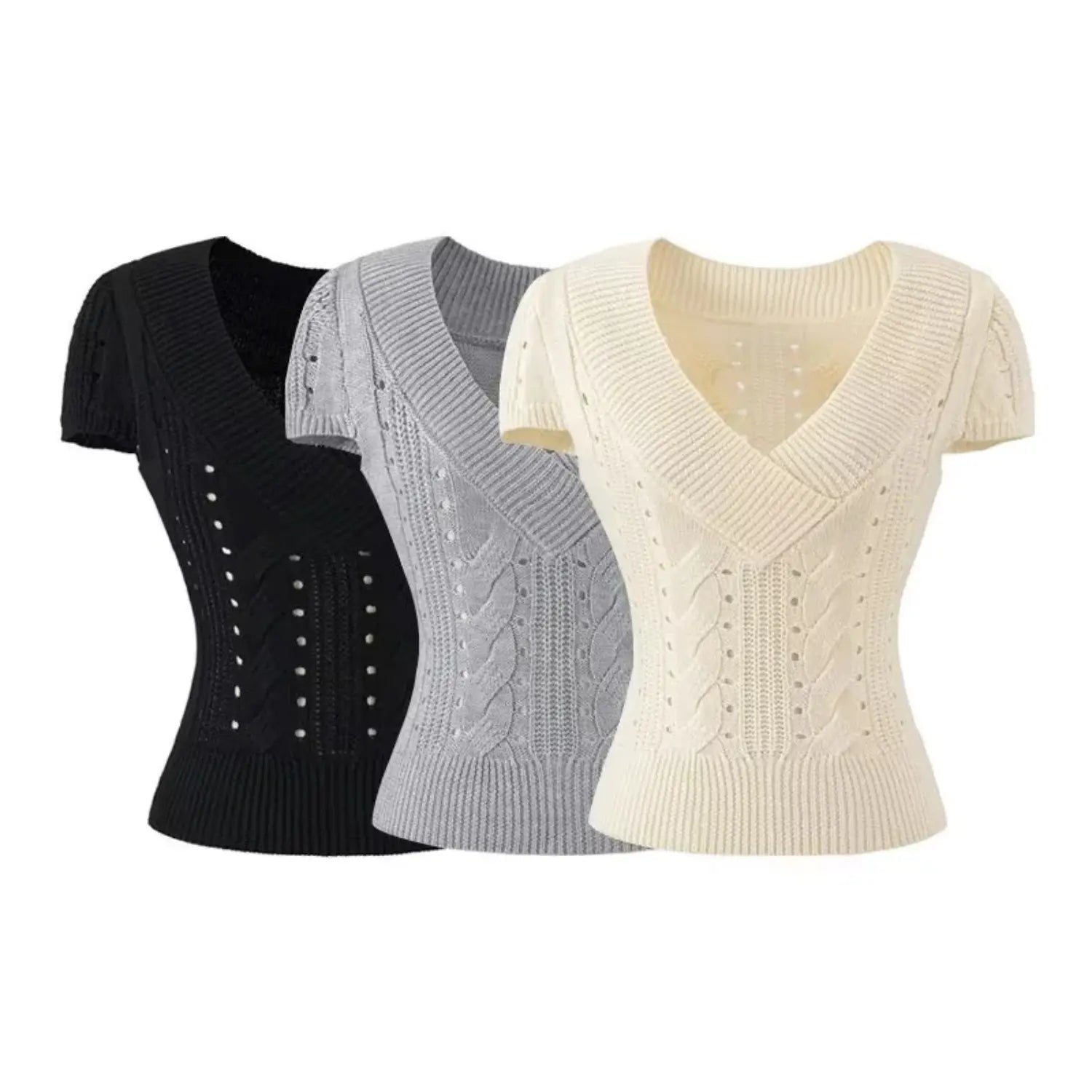 Three color set black grey cream women cable knit hollow v neck fitted short sleeve knit top flat lay product shot
