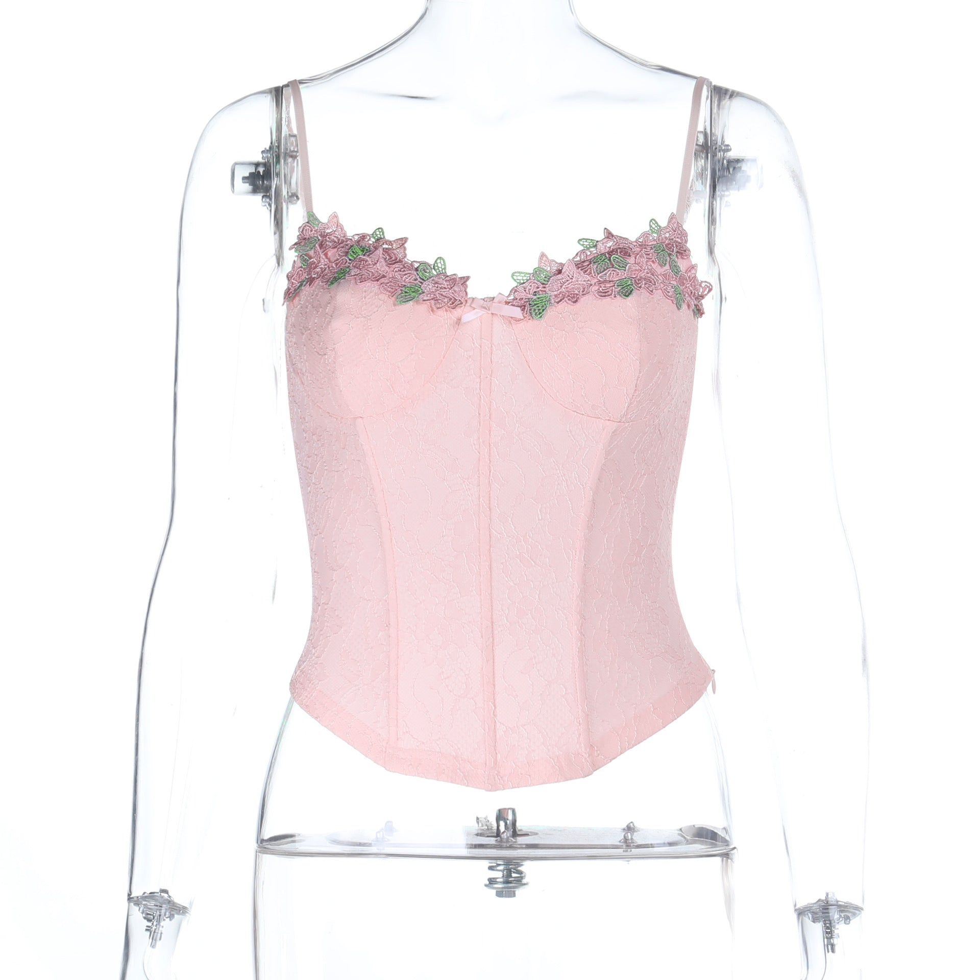 Women's pink lace floral embroidered corset crop top with spaghetti straps from dingdingding, showcasing detailed embroidery and feminine design.