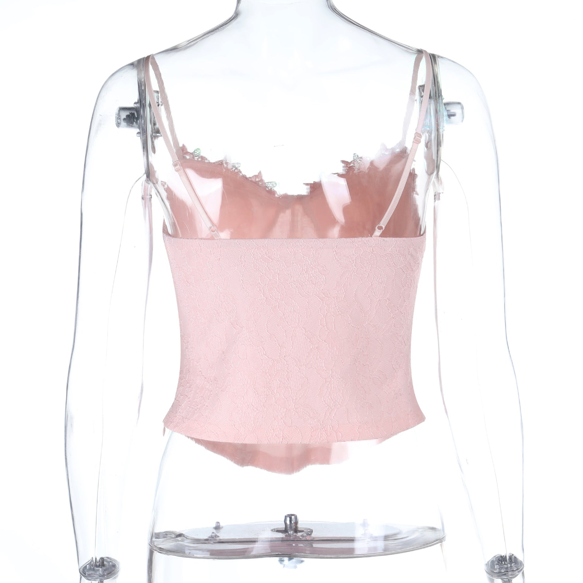 Women's pink lace floral embroidered corset crop top with spaghetti straps, by dingdingding, shown on a model.