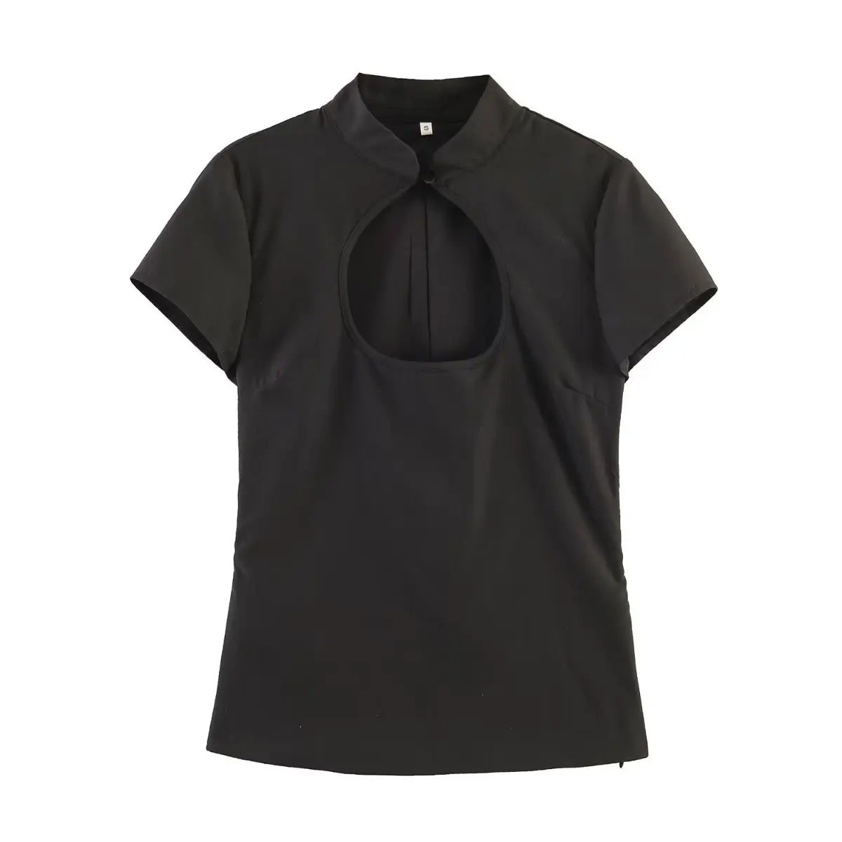 Cream mandarin collar blouse by dingdingding with keyhole cutout and short sleeves, displayed on a mannequin.