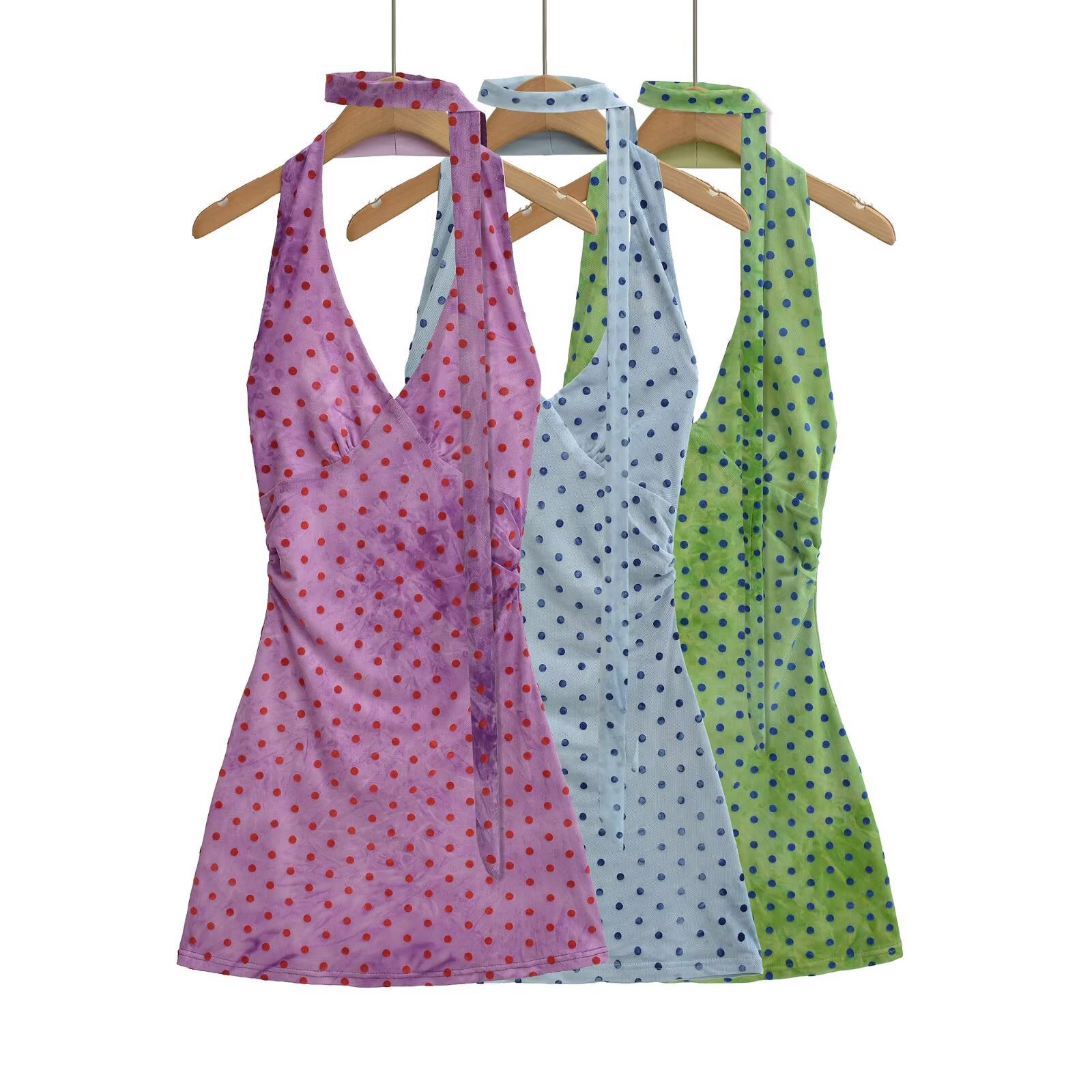 Women's polka dot halter neck wrap waist ruched bodycon mini slip dress in three colors, featuring mesh fabric and a fitted silhouette.