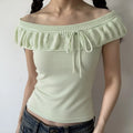 4 colors ruffle drawstring knit off shoulder tube top group plain white flat lay, dark heather gray /cream white /mint green /light heather gray full color slim cropped basic knit top group main shot