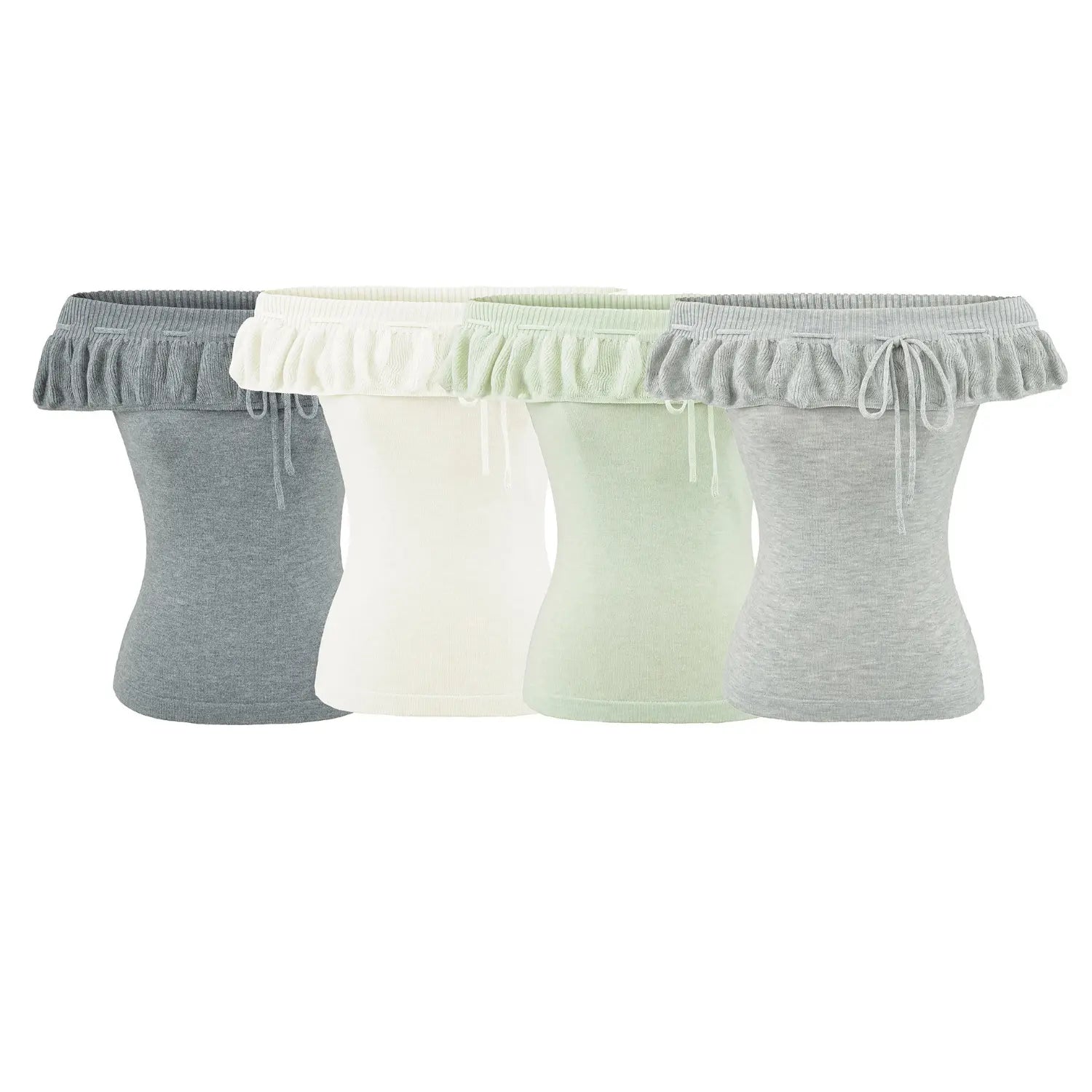 4 colors ruffle off shoulder knit tube top group plain white flat lay, dark heather gray /cream white /mint green /light heather gray full color set drawstring slim fit basic knit top group shot