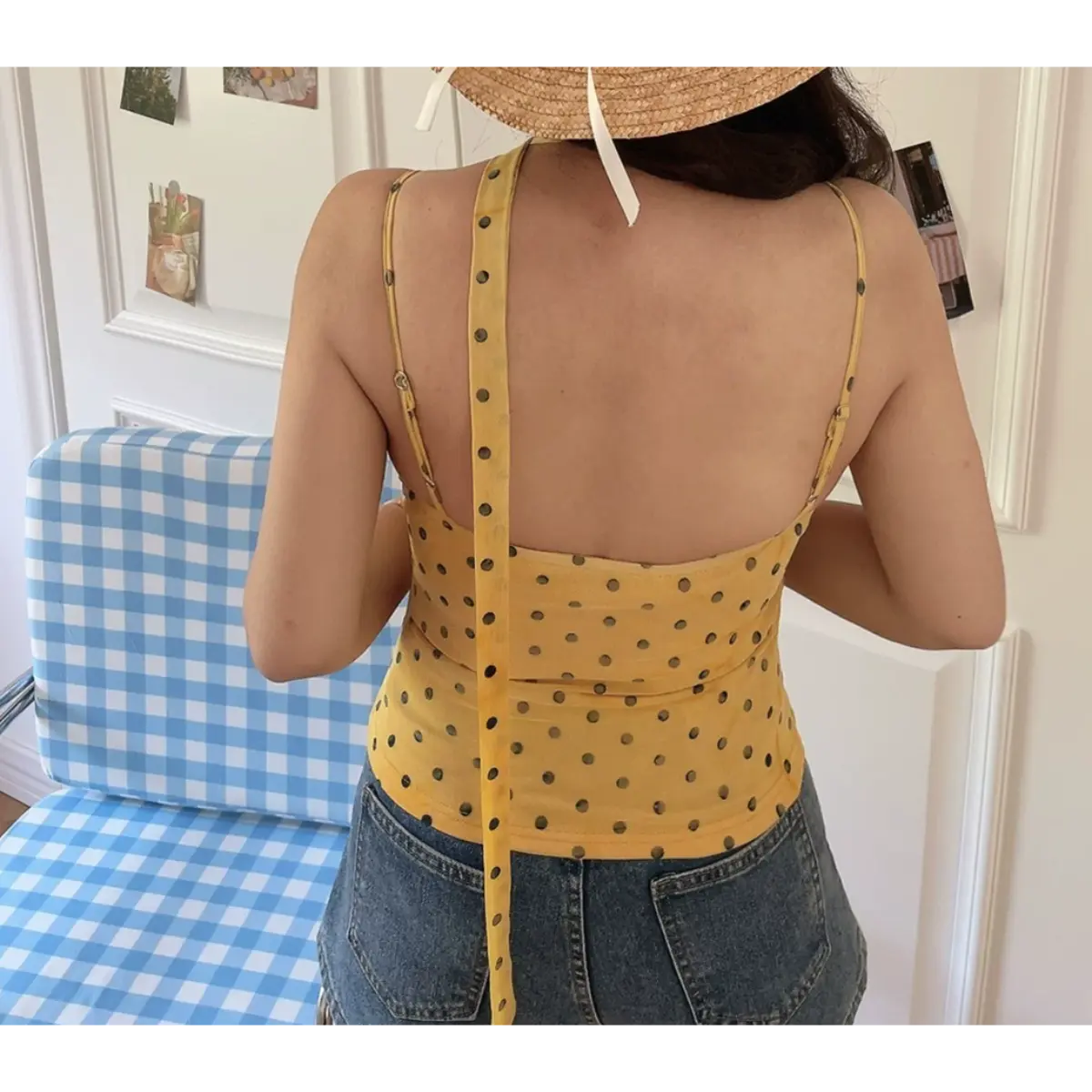 Dingdingding polka dot mesh cami top with attached choker scarf in black, white, and pink, featuring a stylish, lightweight design.
