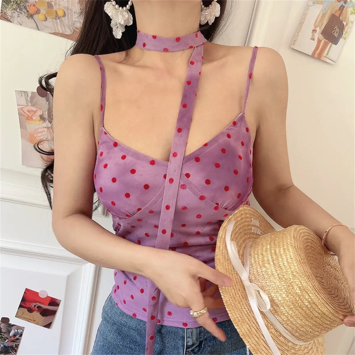 Polka dot mesh cami top with choker scarf from dingdingding, featuring a stylish polka dot pattern and lightweight fabric.