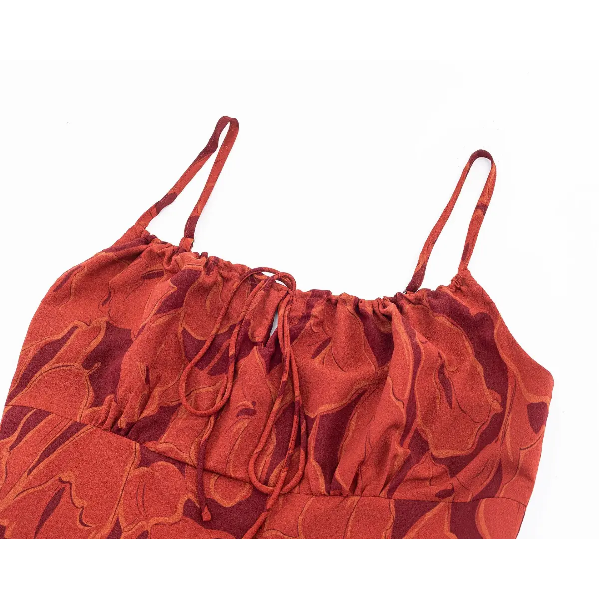 Rust Abstract Leaf Print Tie-Front Spaghetti Strap Midi Slip Dress