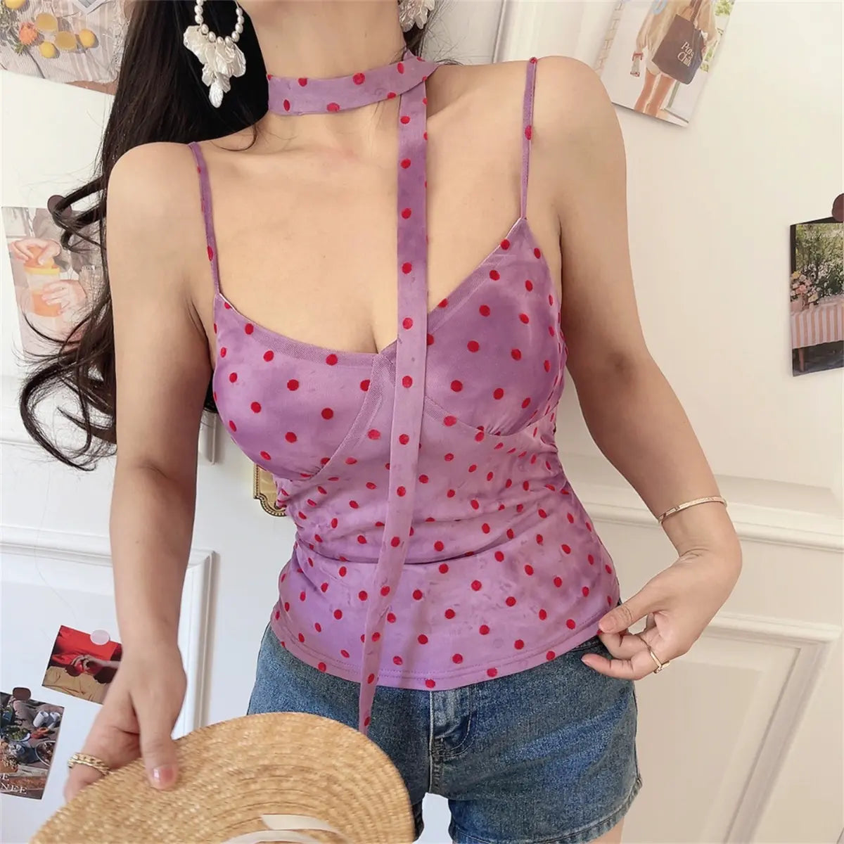 Dingdingding polka dot mesh cami top with attached choker scarf in black, white, and red, featuring a stylish, lightweight design.