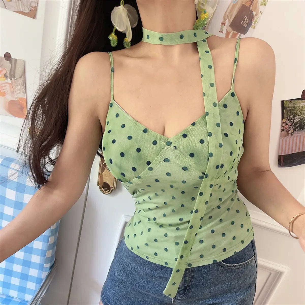 Dingdingding polka dot mesh cami top with choker scarf in black and white, featuring a delicate polka dot pattern and stylish design.