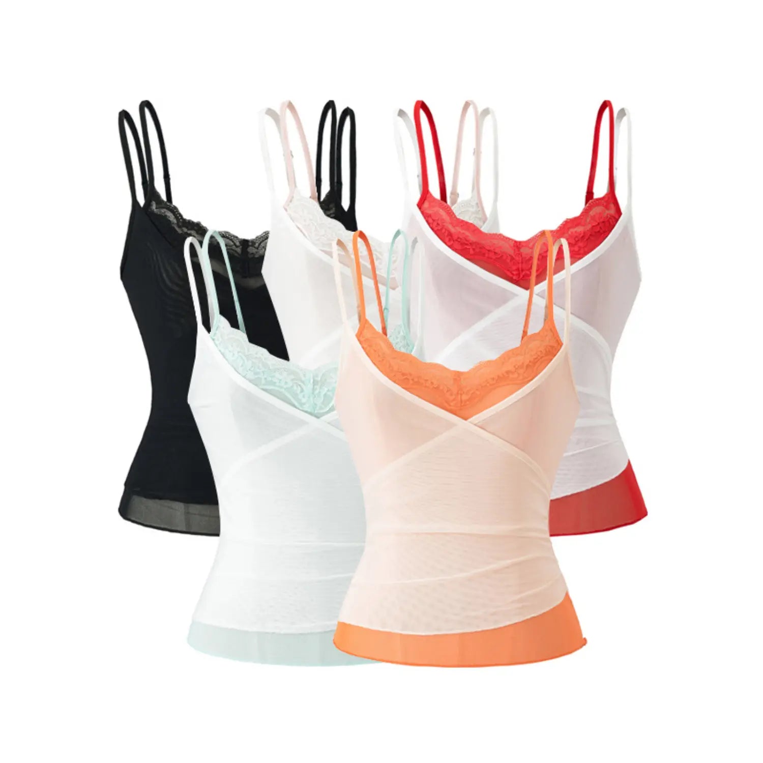 5 colors color block lace double mesh cami group plain white flat lay, black /white-red/apricot-orange /white-pink/white-mint green full color slim layering cami group product shot