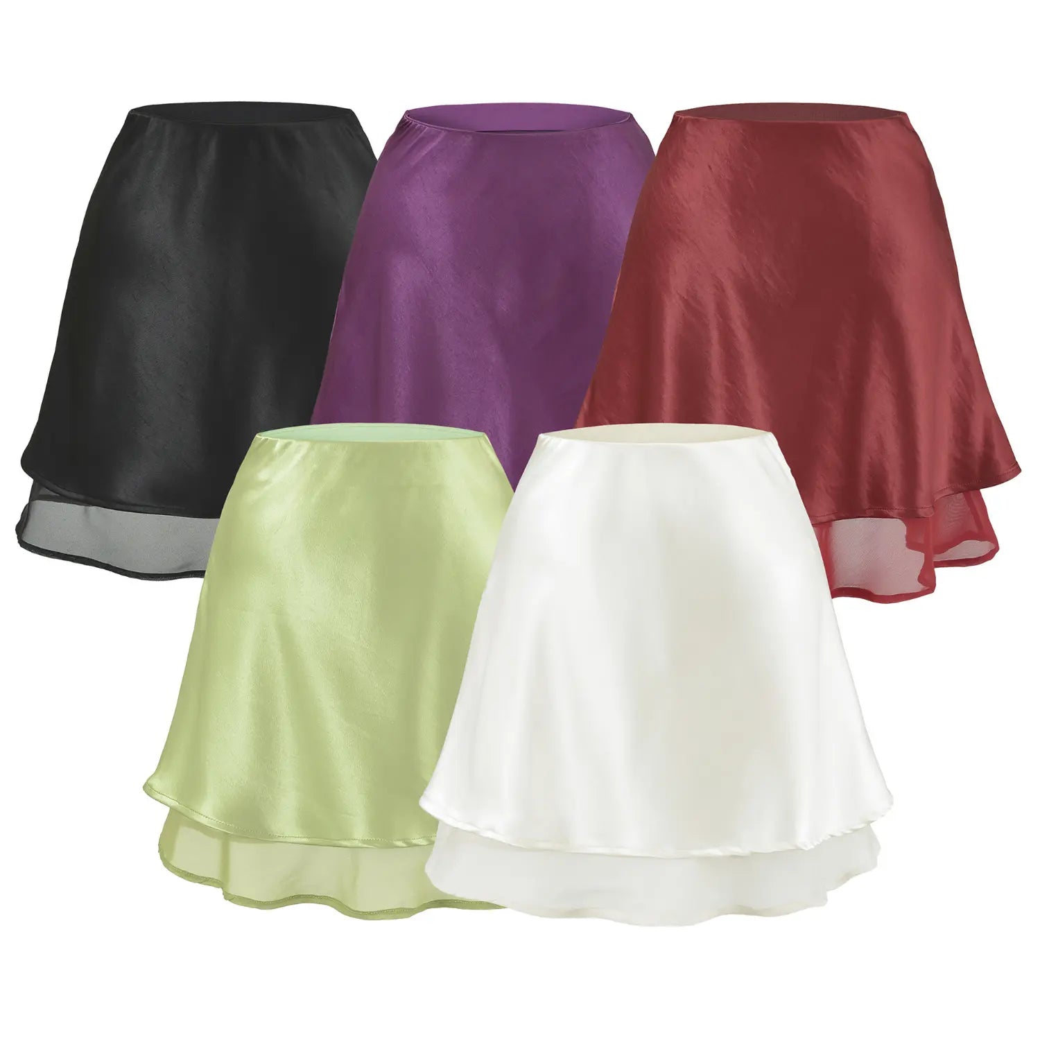 5 colors layered satin mini skirt white background group shot, black/ivory/lime green/wine red/purple available high waist double mesh A-line short skirt multi-color hero image