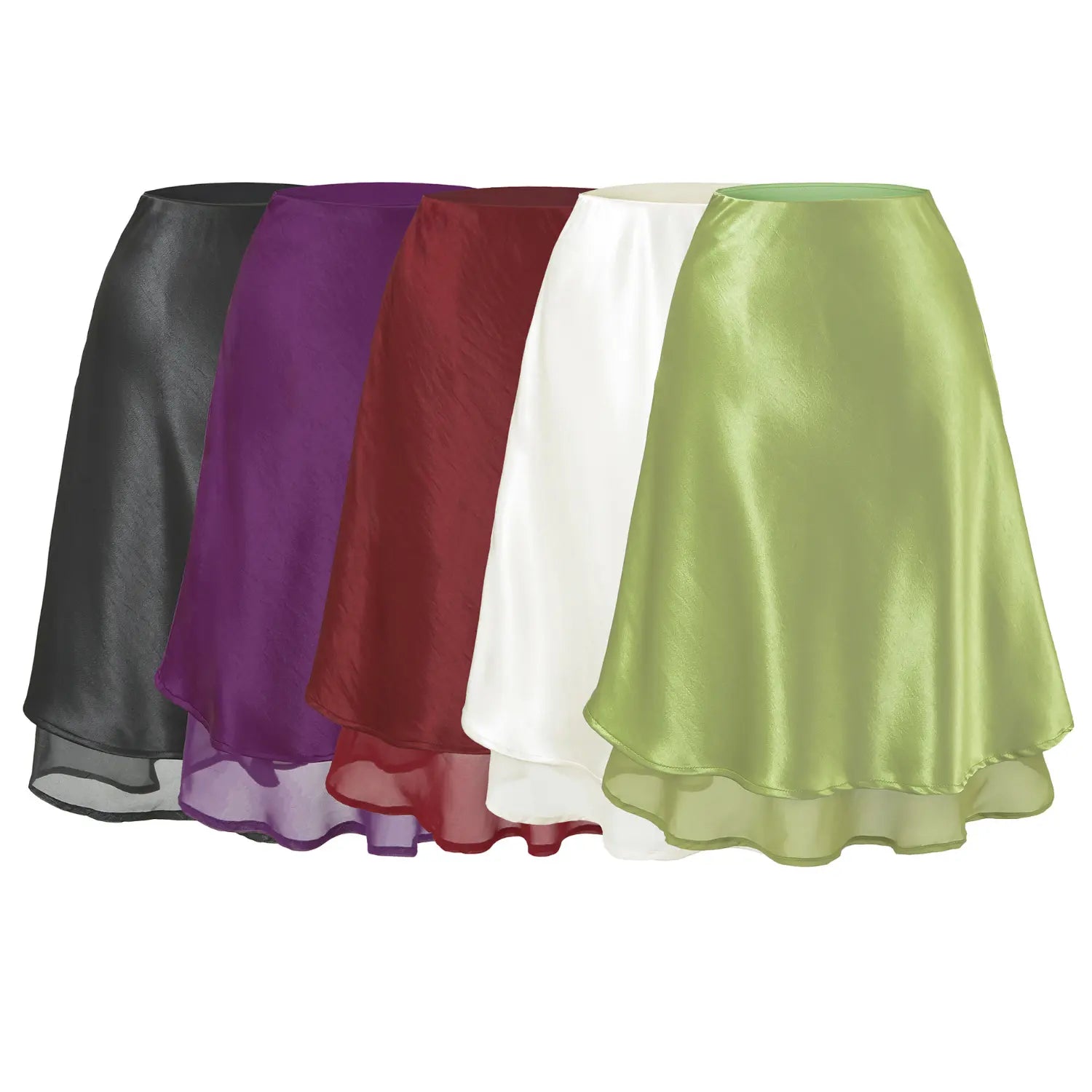 5-color two-tier satin mini skirt white background group shot, black/cream/avocado green/wine red/lavender purple full color range, high waist staggered mesh hem A-line short skirt multi-color selection hero image