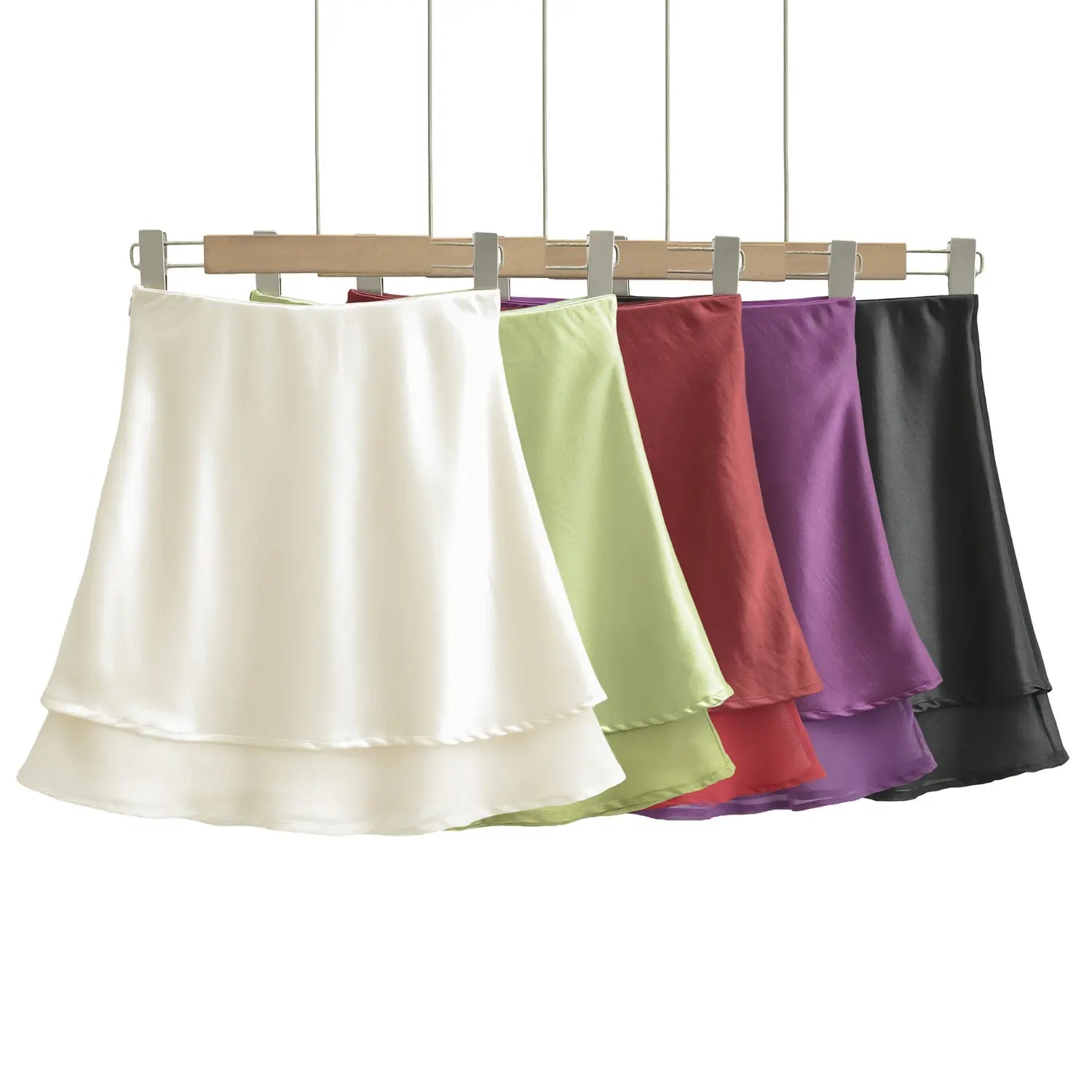 5 colors satin layered skirt wooden hanger hanging display shot full color range drape fabric double hem silhouette display