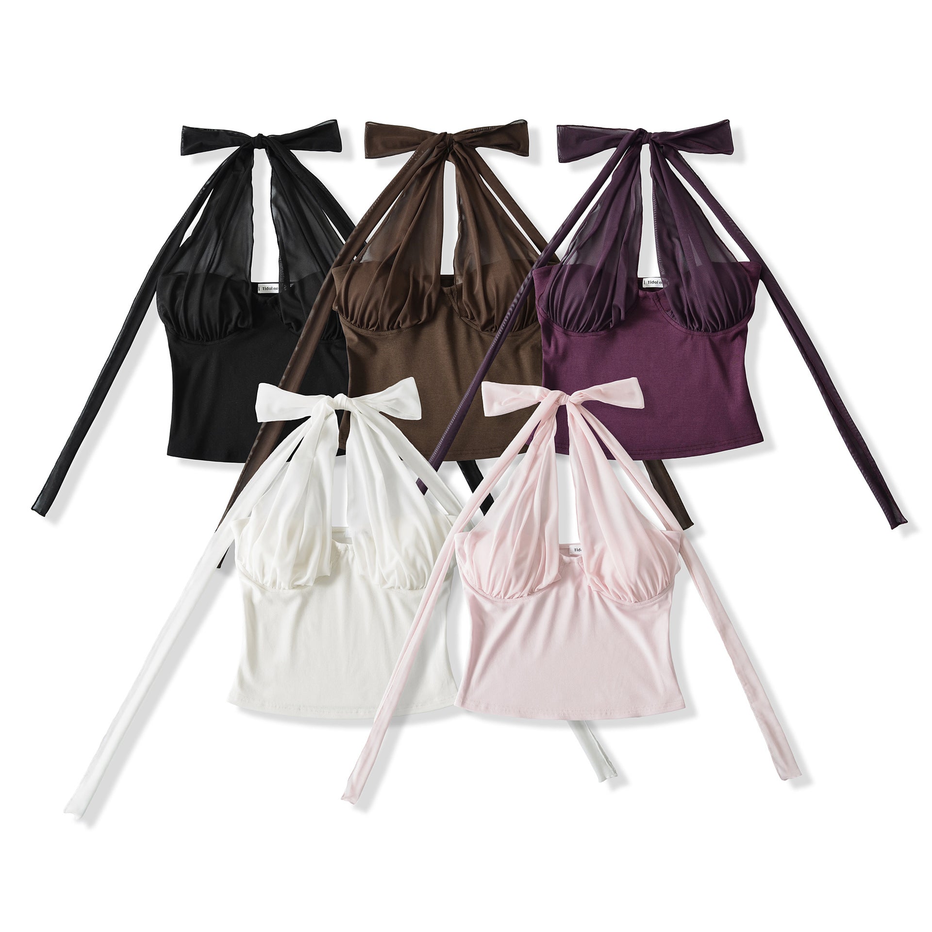 Women's halter neck cropped camisole top by dingdingding in five colors, featuring mesh splicing, ruched bust, and slim waist design.