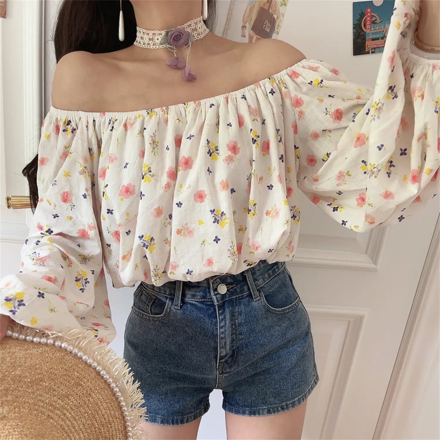 Multi Color Ditsy Floral Off Shoulder Elastic Bubble Long Sleeve Cropped Blouse