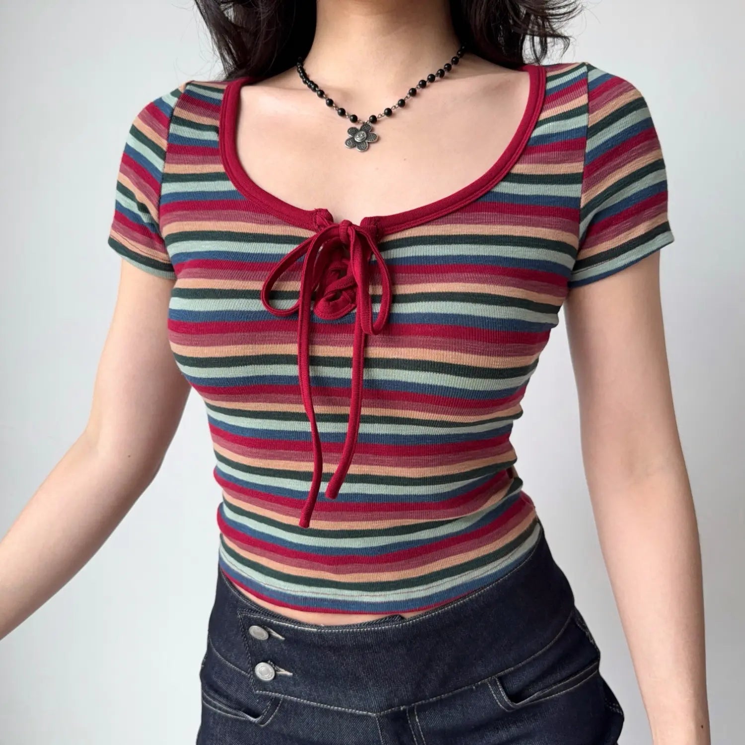 Front detail vintage 70s color stripe crop top, contrast red trim lace up bust short sleeve stretch ribbed cami tee