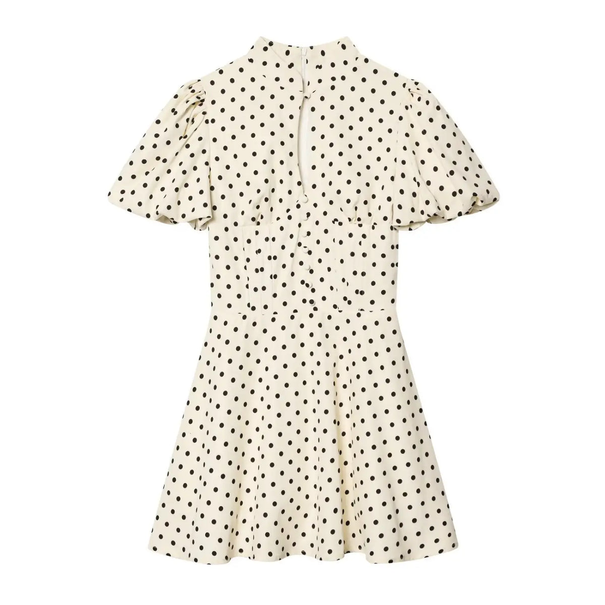 Stand Collar Puff Short Sleeve Polka Dot Pleated Mini Dress