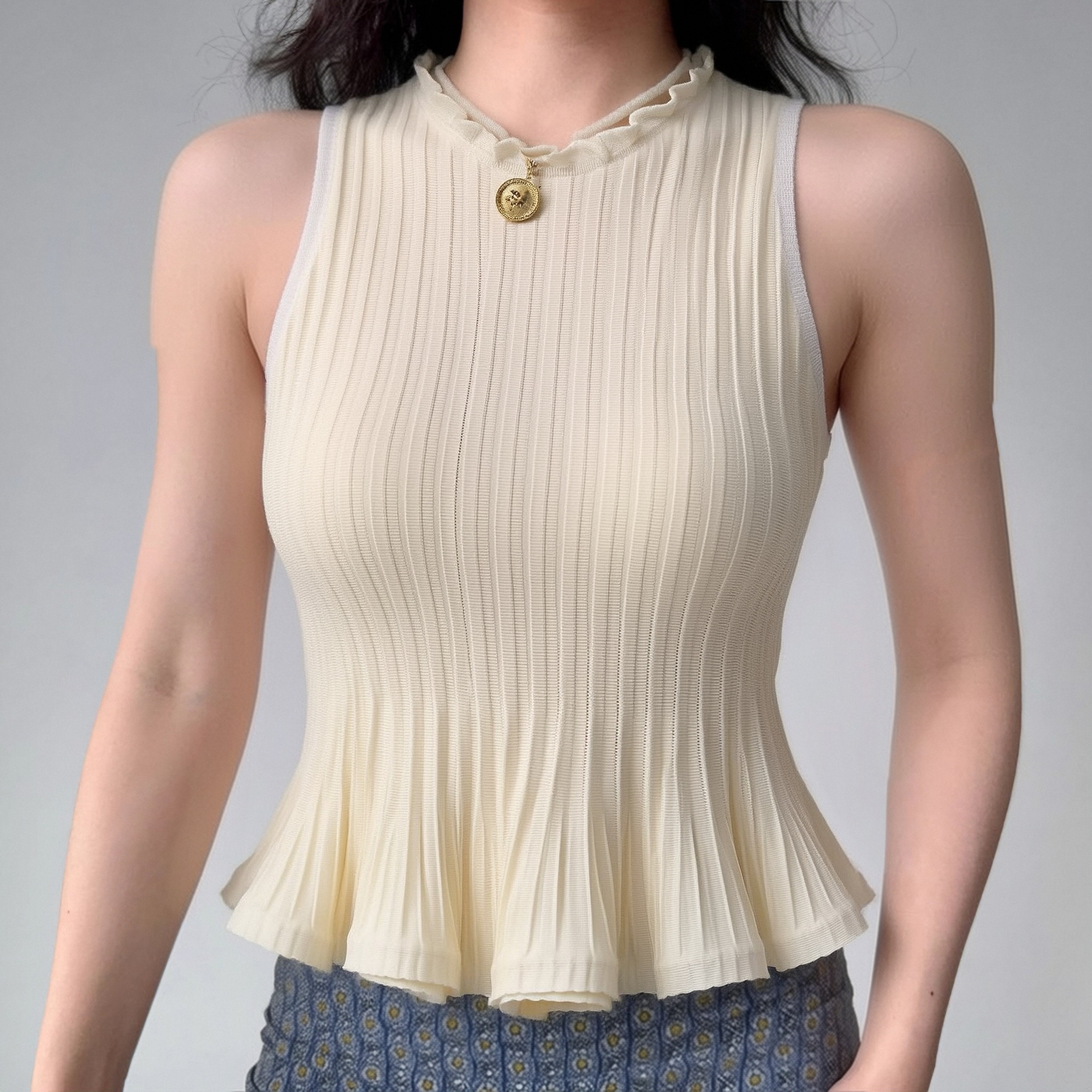 Women's Beige Ribbed Peplum Hem Sleeveless Knit Top