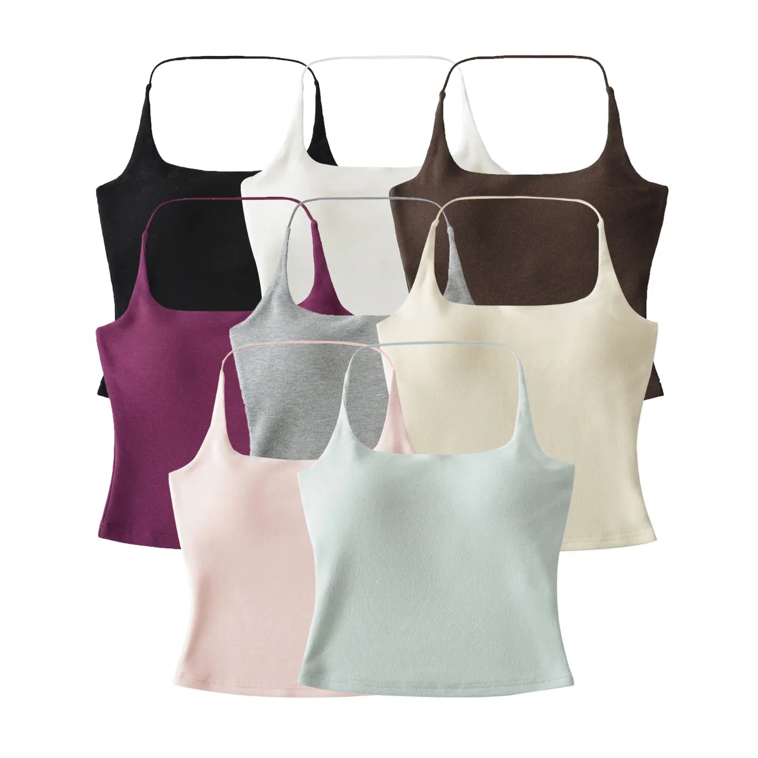 8 colors halter knit cami group plain white flat lay, black /cream/dark brown /grape purple /light gray /nude pink /ice blue /mint green full color cropped slim cami group main product shot