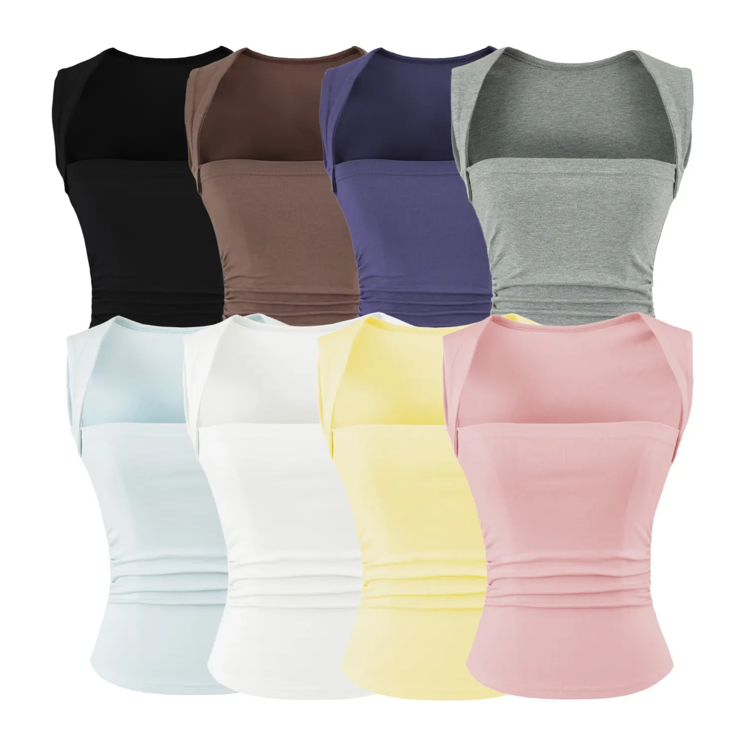 Flat lay group shot of women ribbed square neck wide strap tank top in 8 colors: black, brown, dark purple, heather gray, baby blue, white, pale yellow, dusty pink, slim ruched waist cropped cami