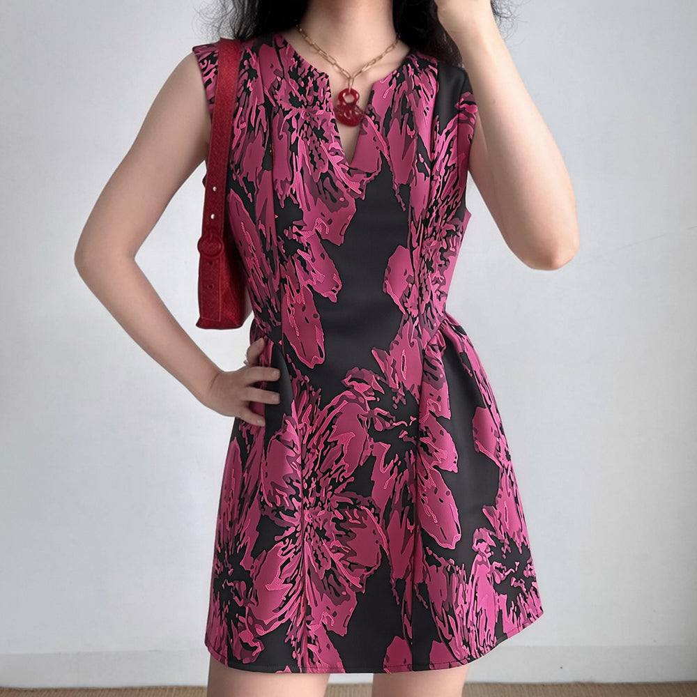 Floral Print Mini Dress - Fuchsia Sleeveless Waist Dress