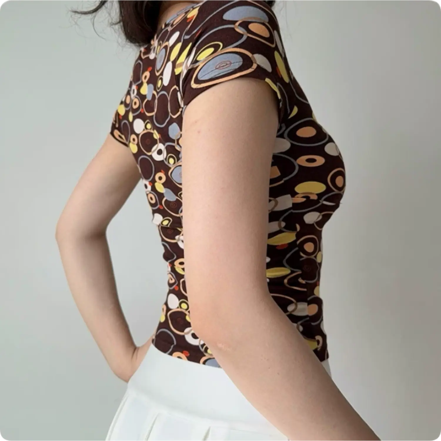 90s vintage brown multi tone oval print bodycon crop top, low square neck wooden bead drawstring ruched bust stretch knit short sleeve tee
