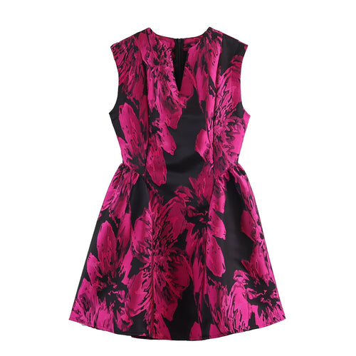 Floral Print Mini Dress - Fuchsia Sleeveless Waist Dress