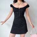 Women Black Polka Dot Square Neck Ribbon Tie Cap Sleeve Mini Dress