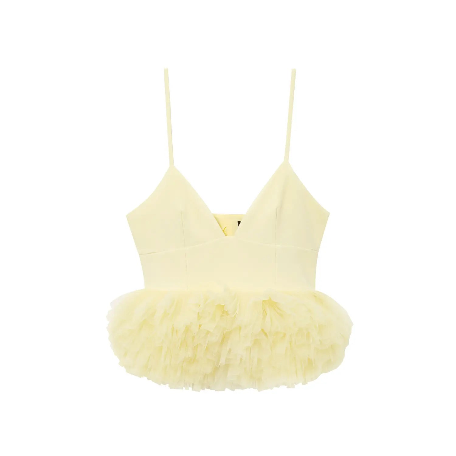 Front view isolated white background, pale yellow deep V spaghetti strap camisole with ruffled tulle peplum hem