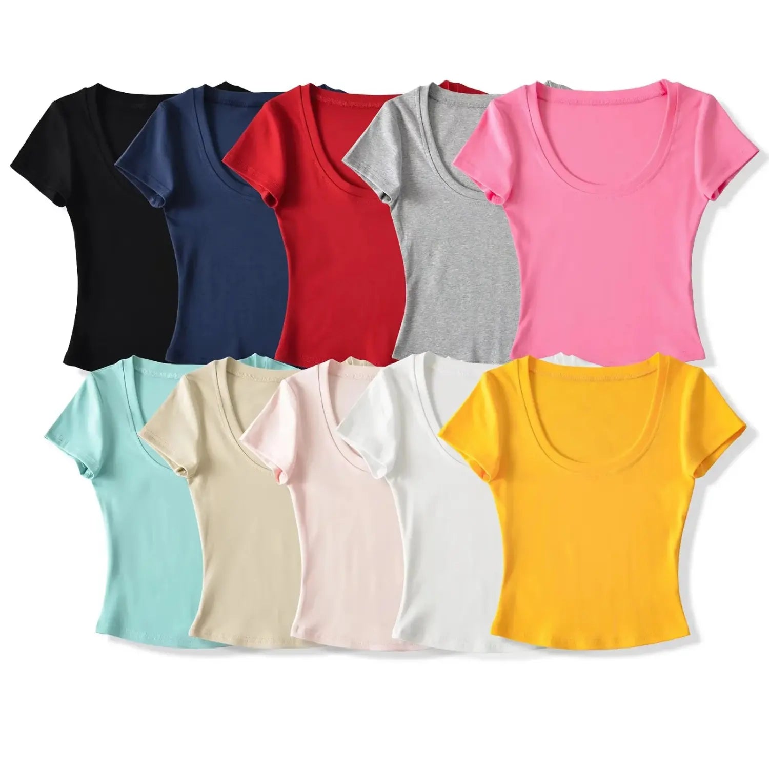 Flat lay color display of all 10 colors U-neck ribbed slim short sleeve t-shirt, full color range reference