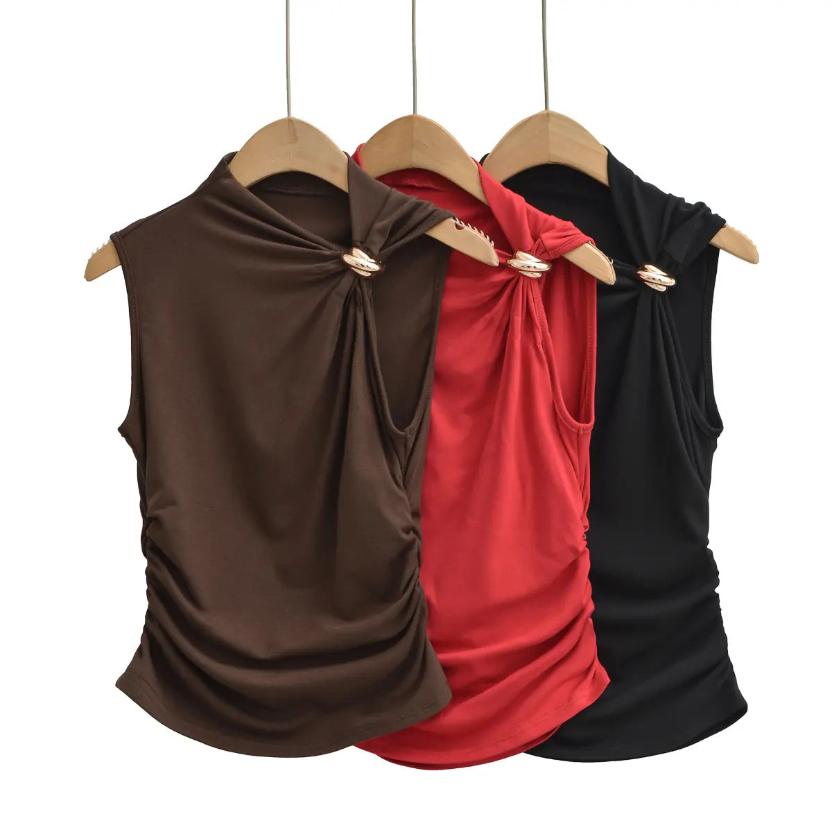 Asymmetrical tank top with metal ring in black, brown and red colorways