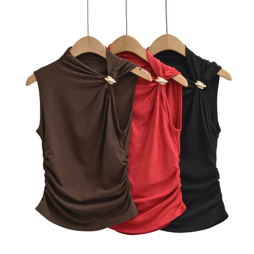 Asymmetrical tank top with metal ring in black, brown and red colorways