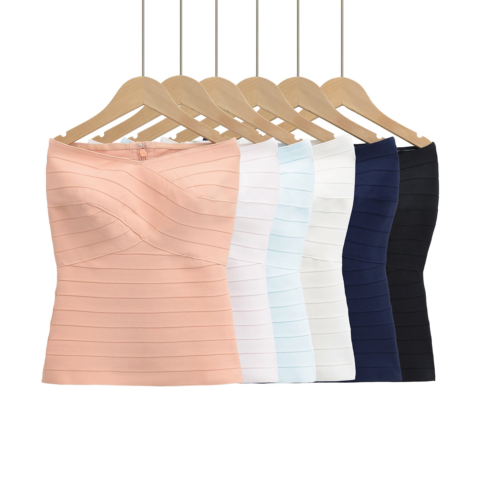 6 colors women bandage striped strapless tube top, black off white navy light blue ice pink peach orange slim bodycon bandeau camisole