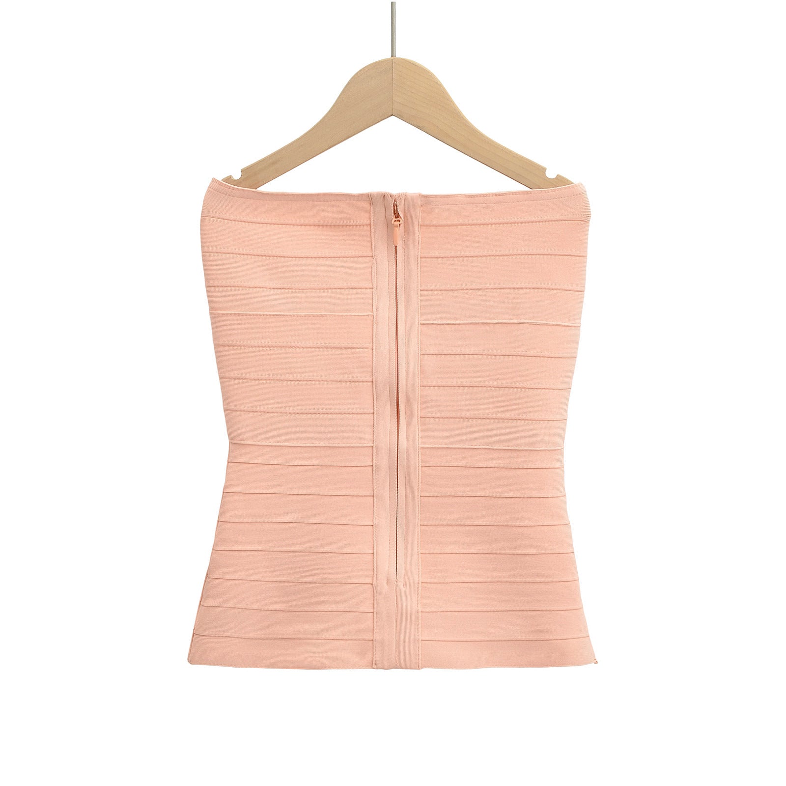 Back view peach orange bandage strapless tube top, back zipper closure, horizontal striped high elastic slim bodycon bandeau camisole