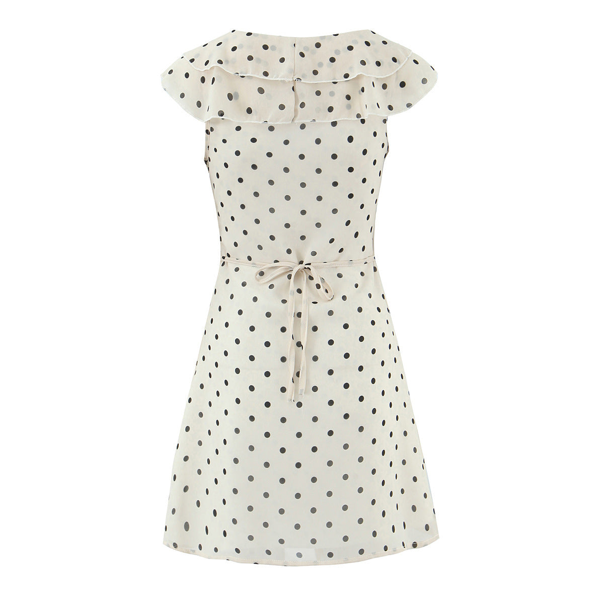 Back flat view beige black polka dot ruffle collar mini dress with waist tie closure, retro chic women summer dress